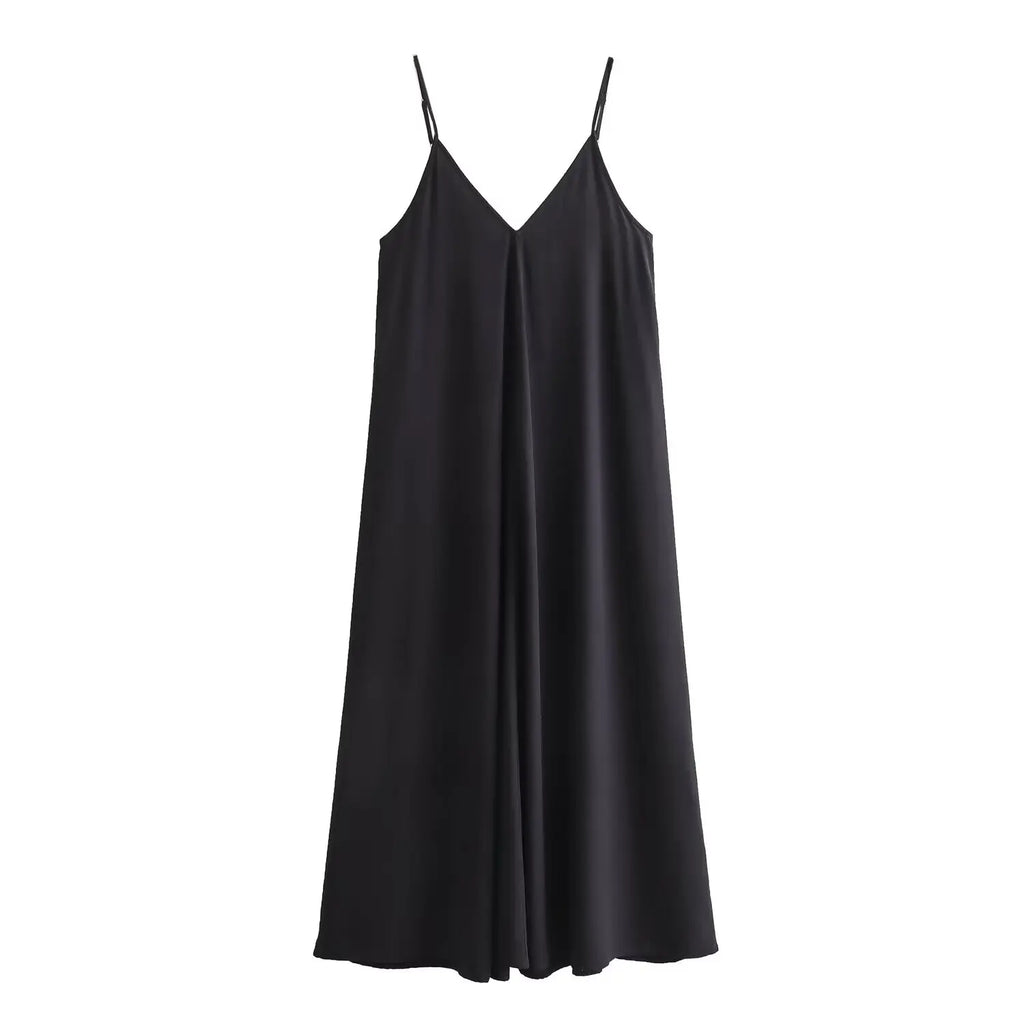 Vestido Longo Feminino Preto com Costas Abertas – Decote V, Alças Finas
