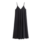 Vestido Longo Feminino Preto com Costas Abertas – Decote V, Alças Finas