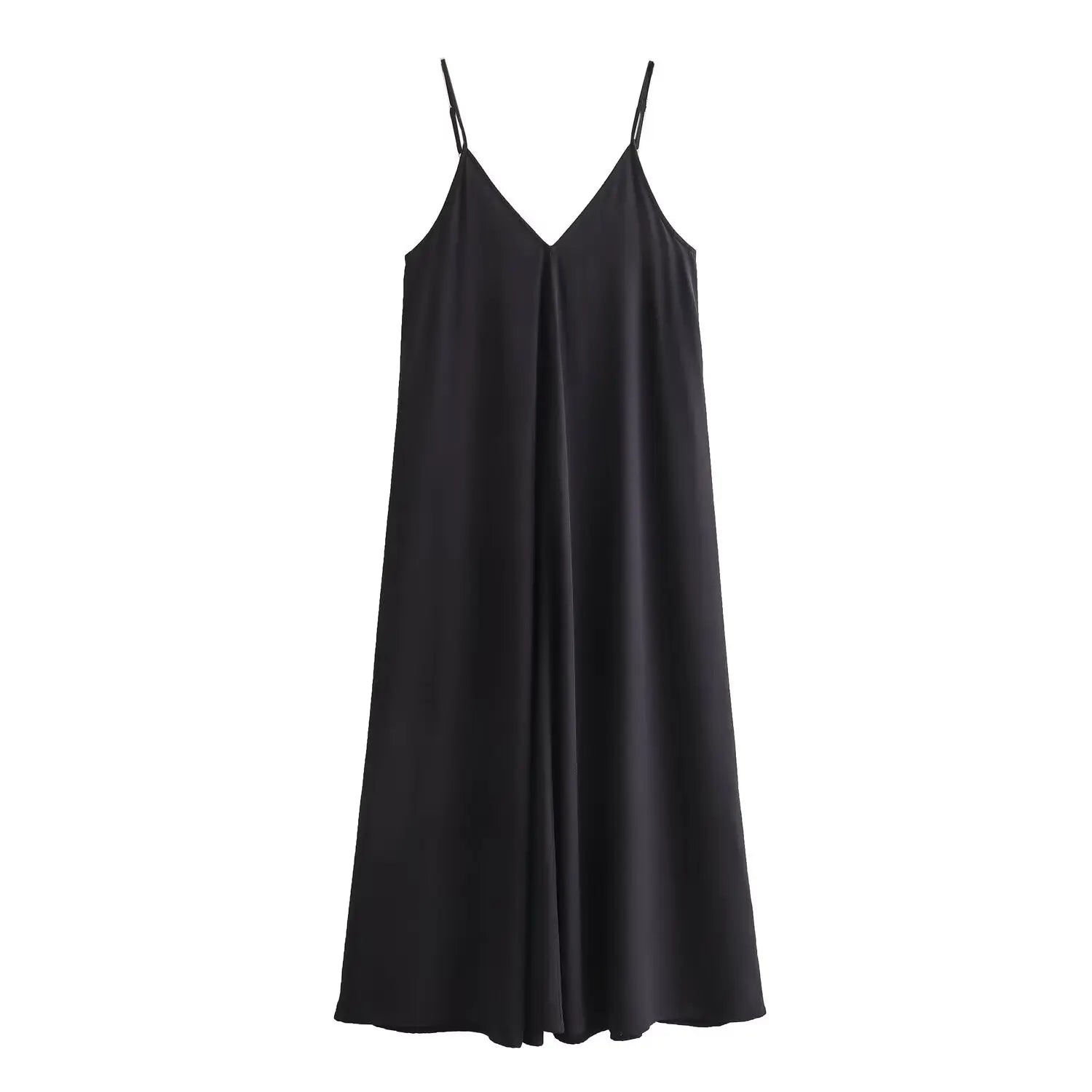 Vestido Longo Feminino Preto com Costas Abertas – Decote V, Alças Finas
