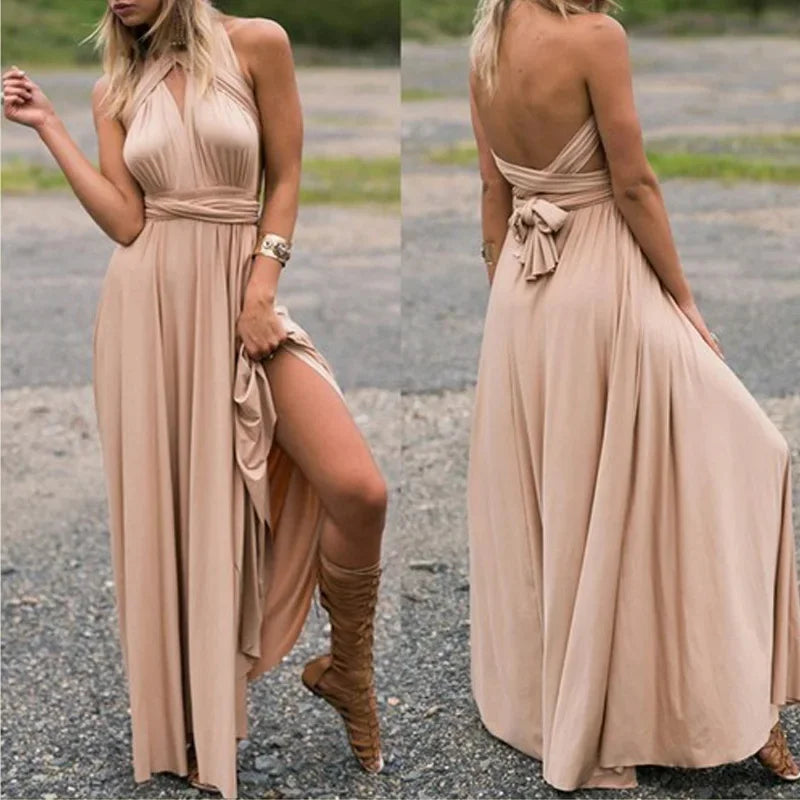 Vestido Longo Feminino Multiuso com Decote V – Elegância Boho para Todas as Ocasiões