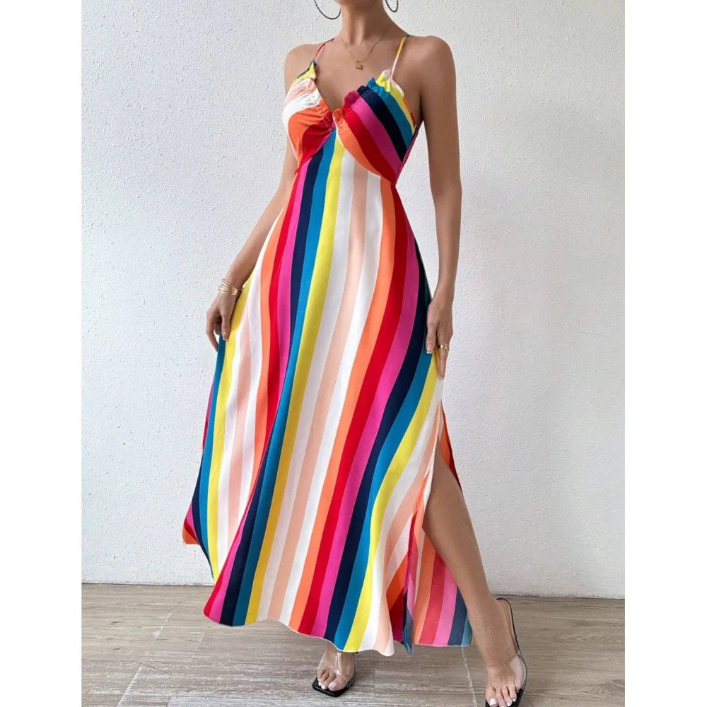 Vestido Longo Feminino Estampado com Decote Halter