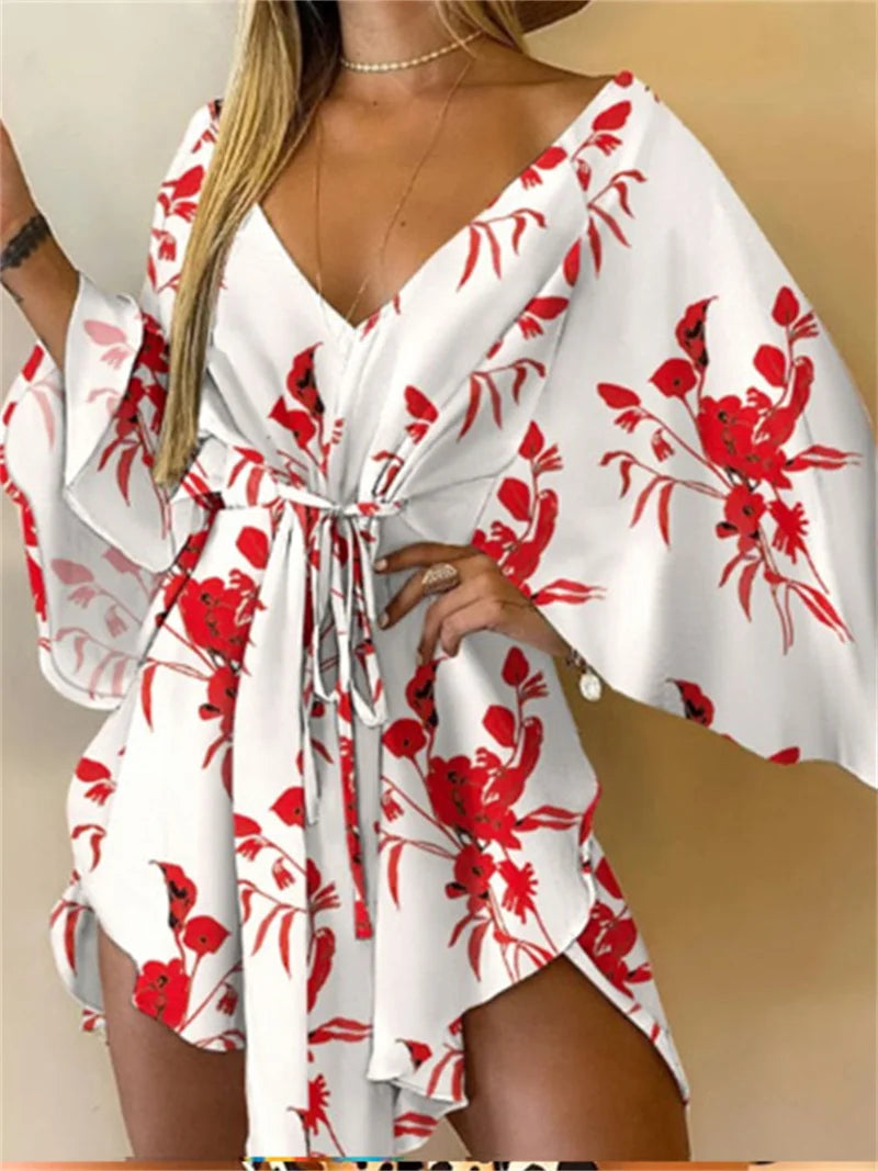 Vestido Boho Estampado com Decote V e Manga Morcego – Mini Soltinho