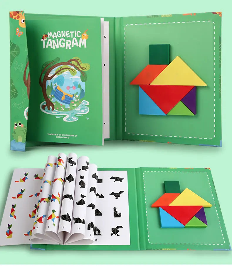 Livro Quebra‑Cabeça Tangram Magnético em Madeira – Brinquedo Educativo Montessori Portátil