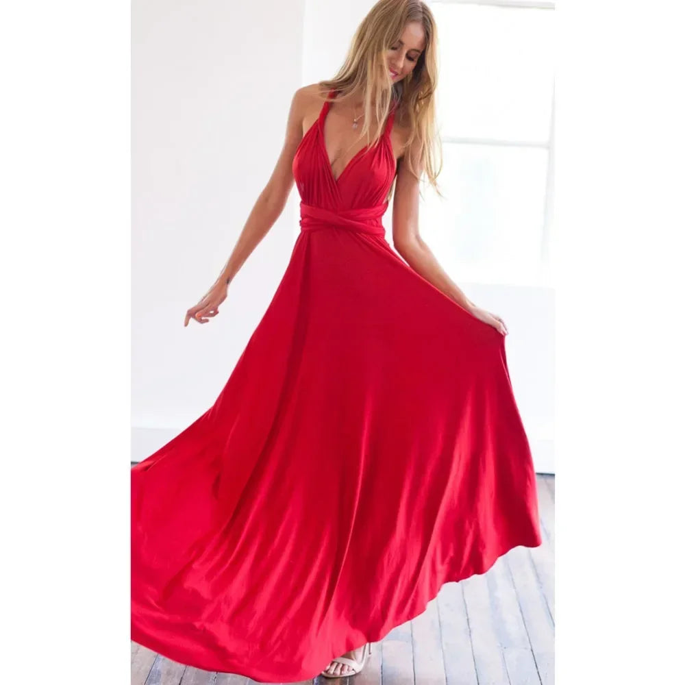 Vestido Longo Feminino Multiuso com Decote V – Elegância Boho para Todas as Ocasiões
