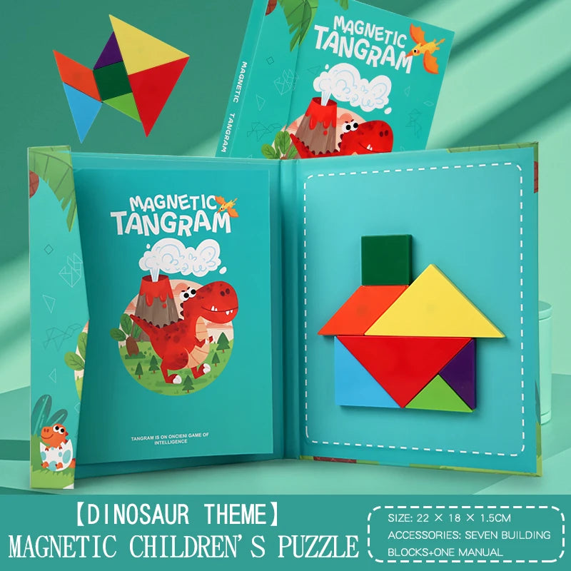 Livro Quebra‑Cabeça Tangram Magnético em Madeira – Brinquedo Educativo Montessori Portátil