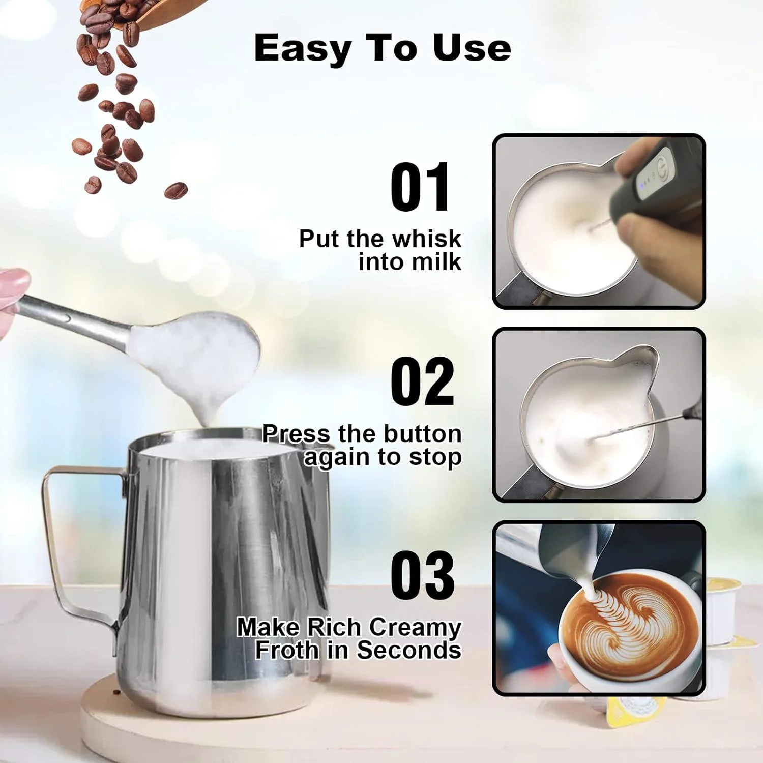 Espumador de Leite Elétrico Recarregável USB – Mini Mixer Portátil para Café, Cappuccino e Bebidas Cremosas