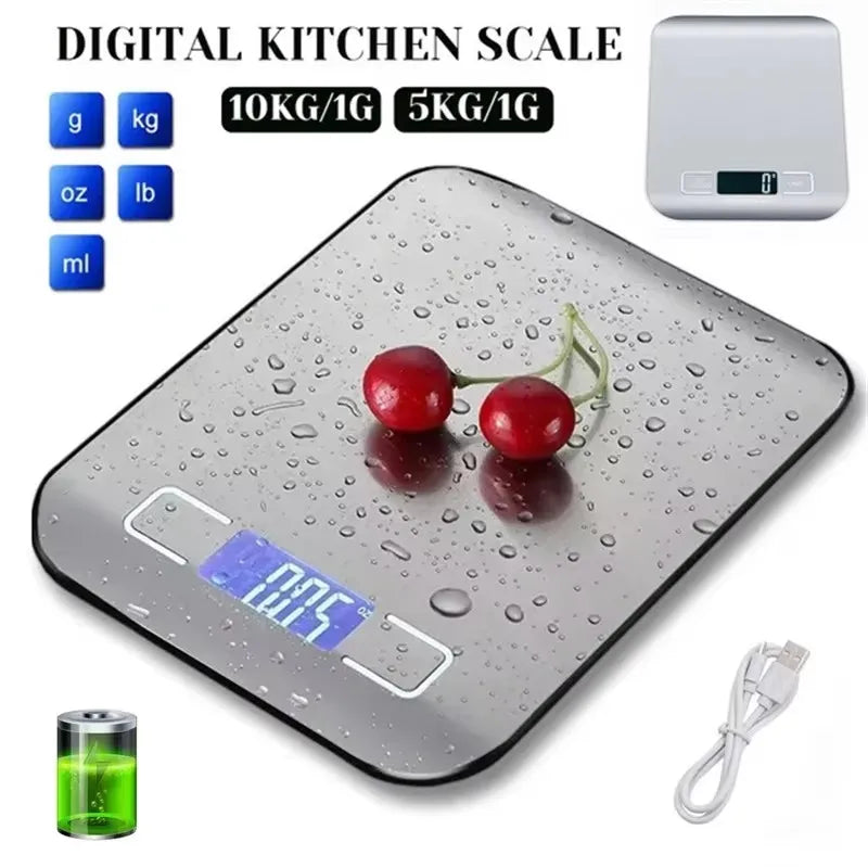 Balança Digital de Cozinha 5kg ou 10kg em Aço Inox – Precisa, Compacta e Recarregável