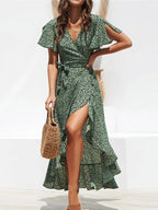Vestido Longo Floral Boho de Verão em Chiffon com Babados