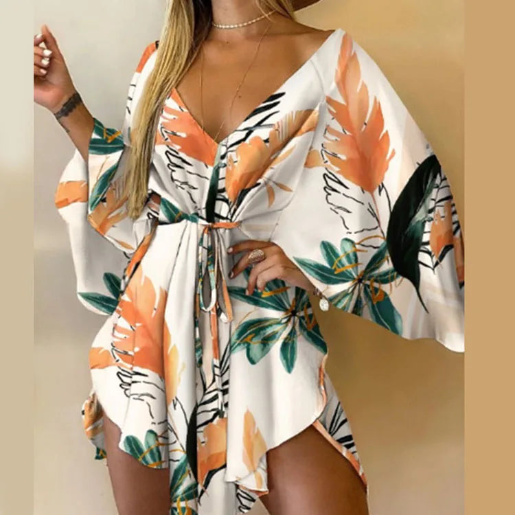 Vestido Boho Estampado com Decote V e Manga Morcego – Mini Soltinho