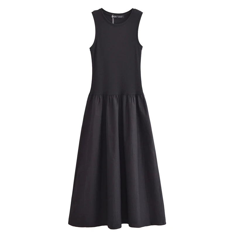 Vestido Longo Preto Feminino HXAO – Regata com Decote Redondo, Elegante e Confortável