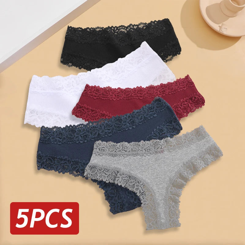 Kit com 5 Calcinhas Femininas de Algodão Sem Costura – Conforto Diário com Renda Delicada (S a XL)