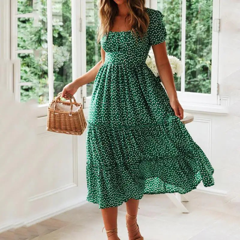 Vestido Feminino Boho Midi com Estampa Animal, Manga Bufante e Decote Quadrado – Verão Elegante e Estiloso