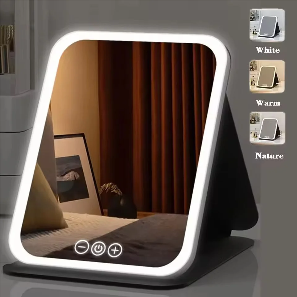 Espelho de Maquiagem LED Portátil Dobrável com Controle Touch – Recarregável e com 3 Cores de Luz