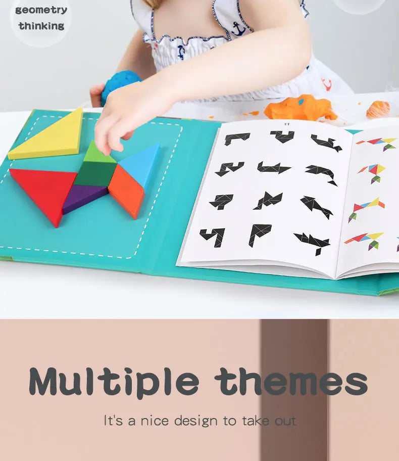 Livro Quebra‑Cabeça Tangram Magnético em Madeira – Brinquedo Educativo Montessori Portátil
