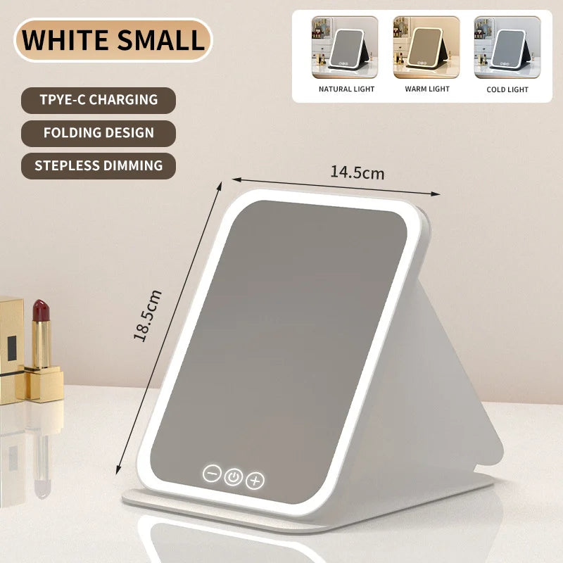 Espelho de Maquiagem LED Portátil Dobrável com Controle Touch – Recarregável e com 3 Cores de Luz
