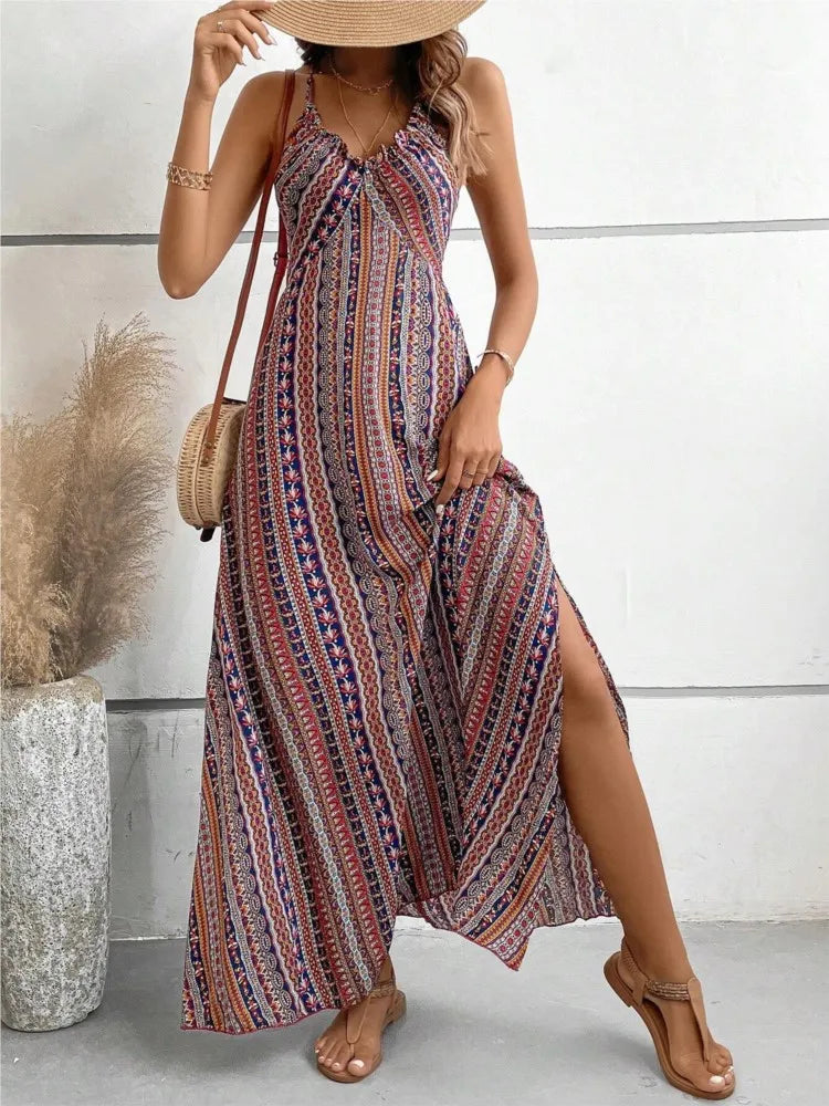 Vestido Longo Feminino Estampado com Decote Halter
