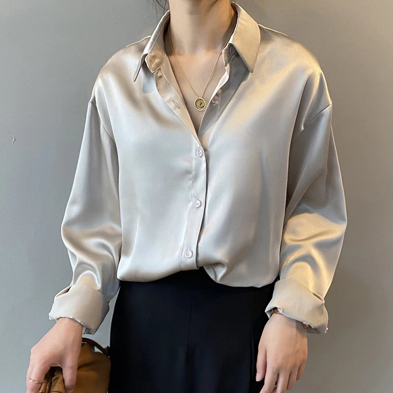 Camisa de Seda/Cetim Fashion com Botões – Estilo Vintage Feminino